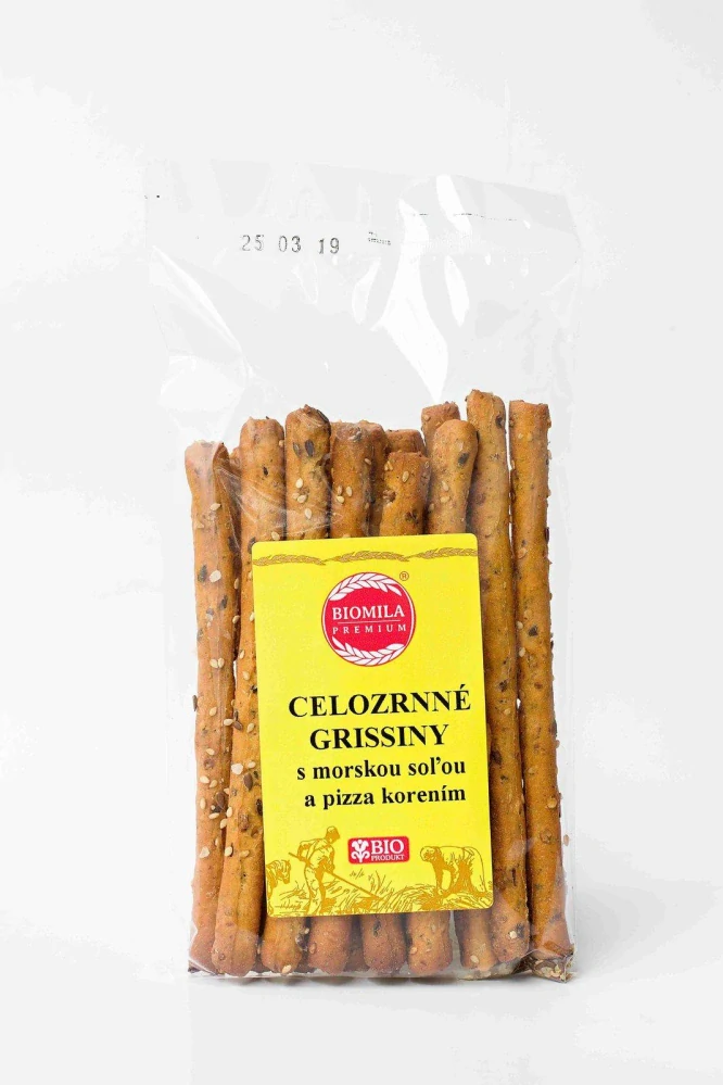 BIOMILA Celozrnné grissiny s morskou soľou a pizza korením bio 100g